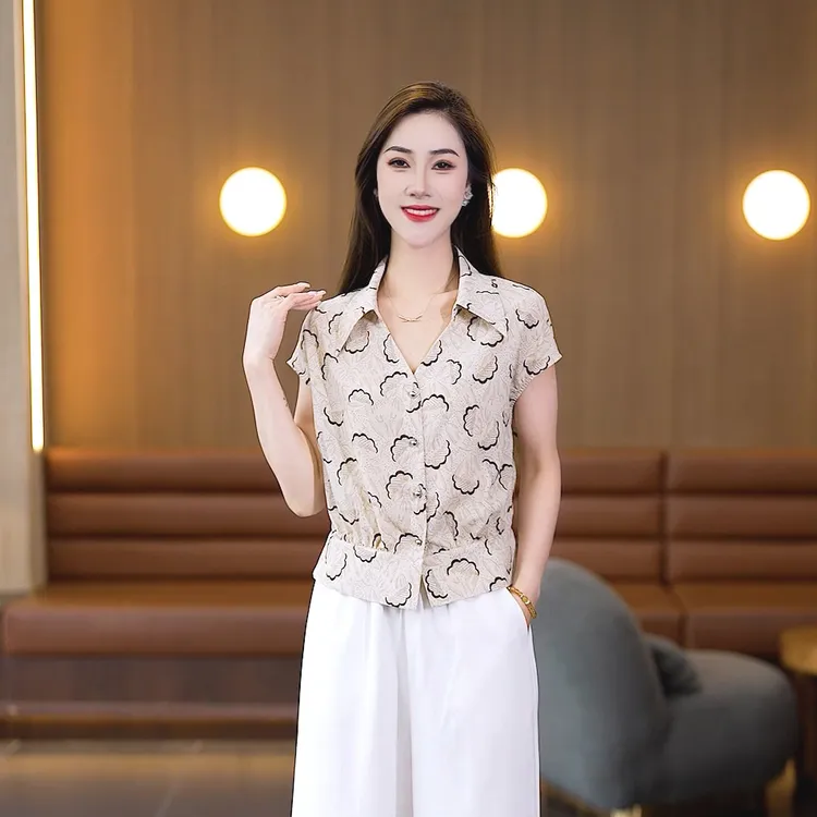 夏新款小个子时尚衬衫女洋气减龄显瘦阔腿裤百搭印花短袖两件套装