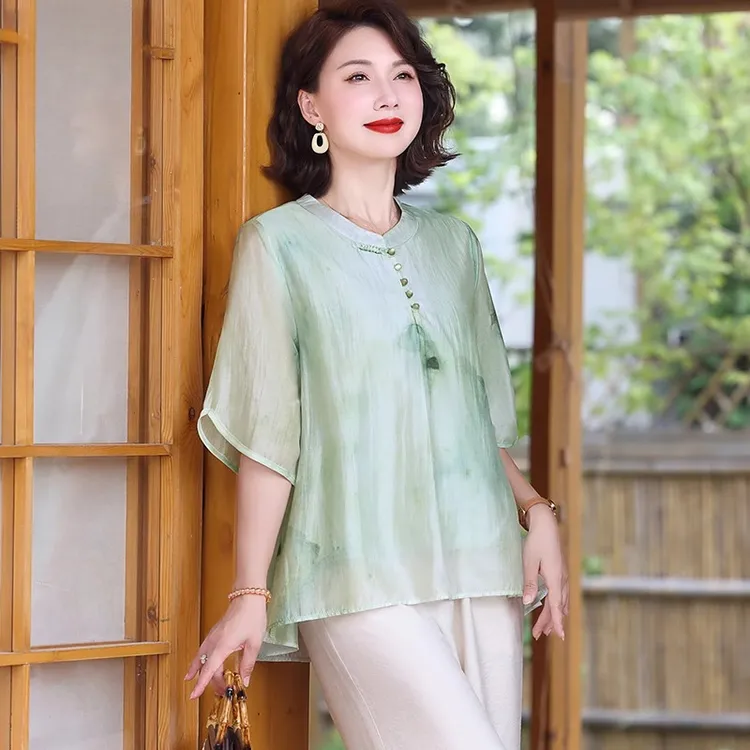 新款妈妈夏装洋气小衫气质衣服上衣中老年女装国风短袖衬衫两件套