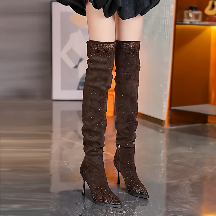 法式细跟过膝靴女2025秋冬季新款尖头高跟长靴水钻气质高筒堆堆靴