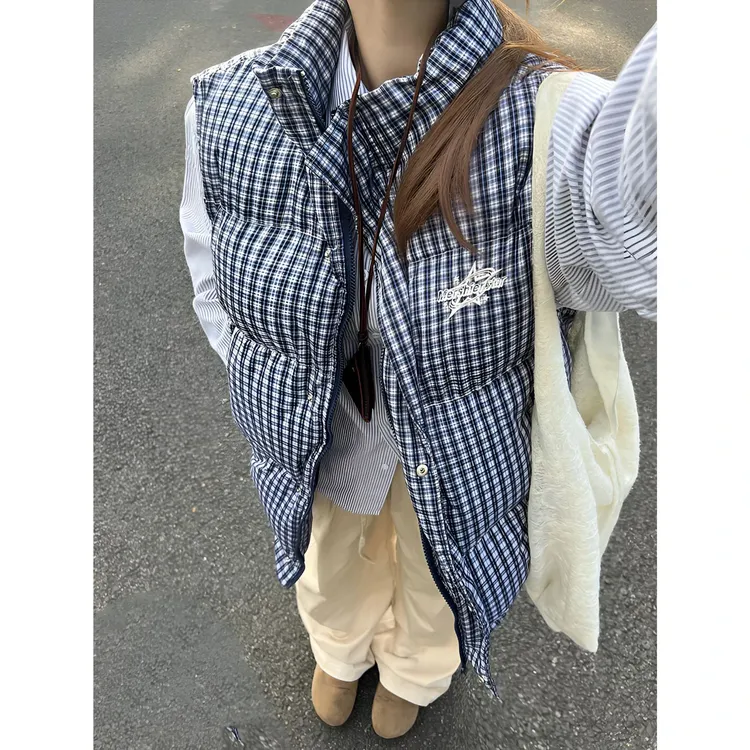 美式复古蓝格子马甲棉服外套女冬季2025新款保暖宽松百搭无袖上衣