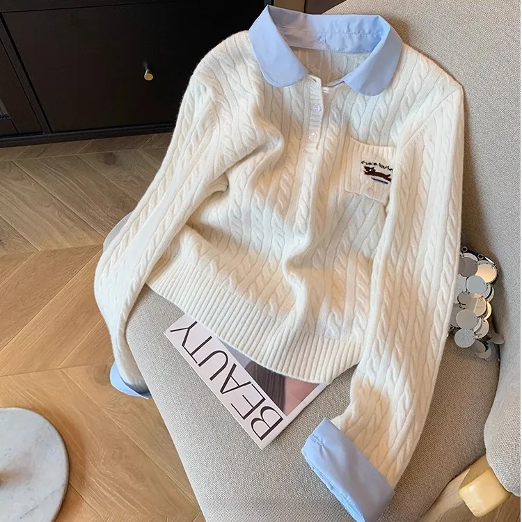 拼接假两件麻花刺绣针织衫女2025春秋新款减龄百搭软糯娃娃领毛衣