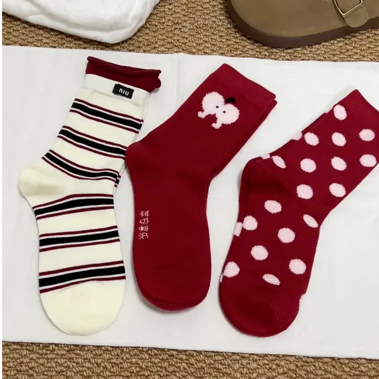 【节日组合款】3双新年红红色圣诞氛围感创意女袜本命年红色袜子