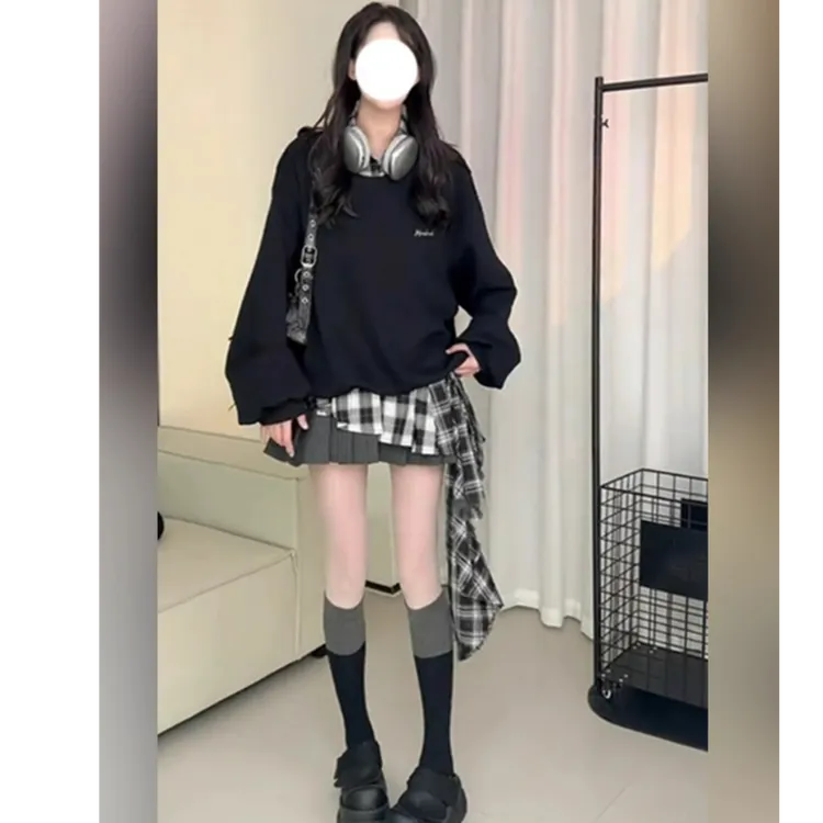 休闲风百搭假两件拼接卫衣裙不规则格子2025春季新款显瘦长袖高腰
