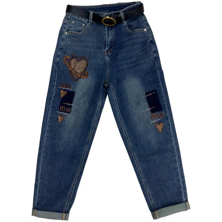 早秋洋气刺绣烫钻显瘦百搭女牛仔老爹直筒九分哈伦裤牛仔裤裤子