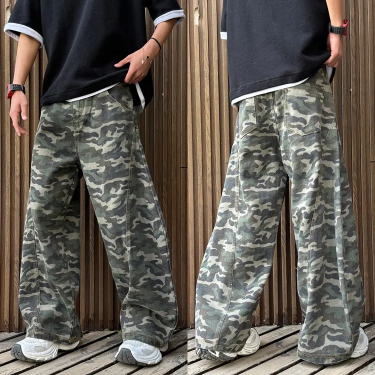 美式复古设计感印花迷彩牛仔裤女2025夏街头辣妹廓形拖地弯刀长裤