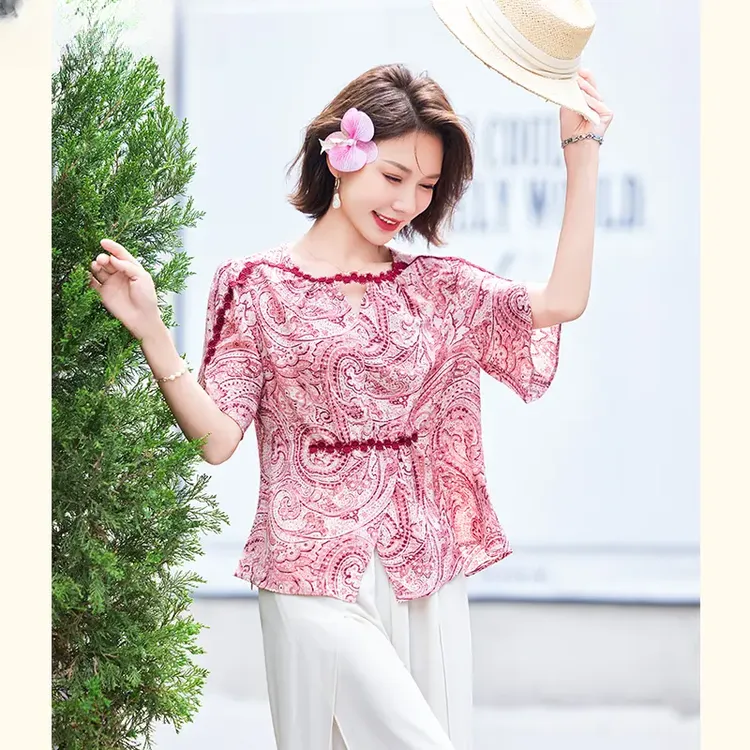 妈妈装夏季薄款时尚两件套气质中老年女装中年洋气小衫上衣服套装