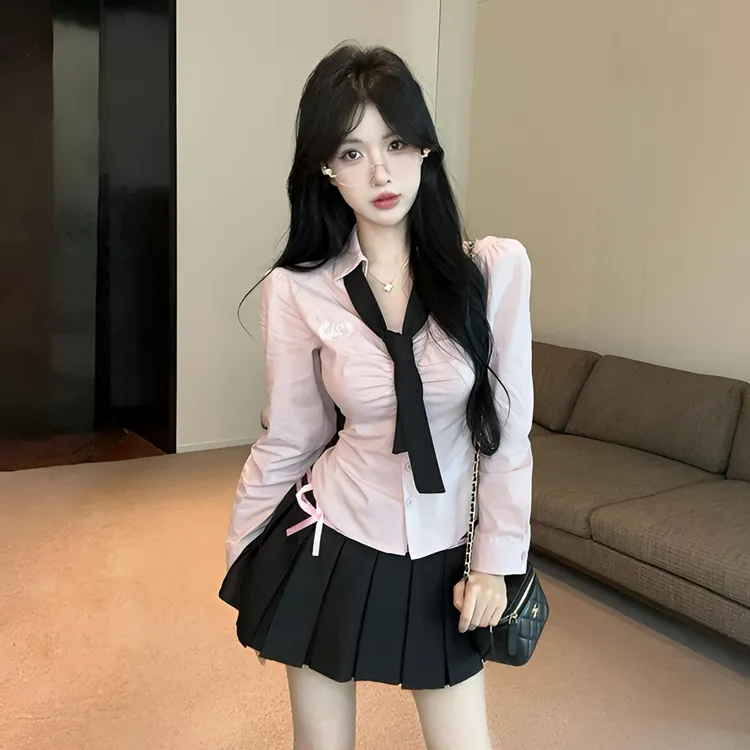 蓝色学院风长袖收腰衬衫jk制服套装秋季高腰显瘦百褶裙辣妹两件套