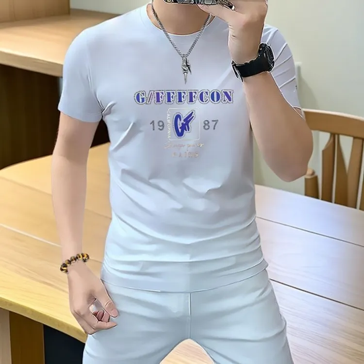 维斯克纳男士短袖t恤丝光棉男装半袖圆领衫舒适透气烫钻立体白色