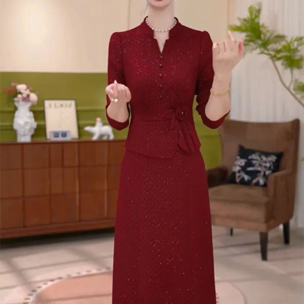 2025秋季新款喜婆婆婚宴妈妈红色连衣裙女假两件旗袍裙中长款裙子