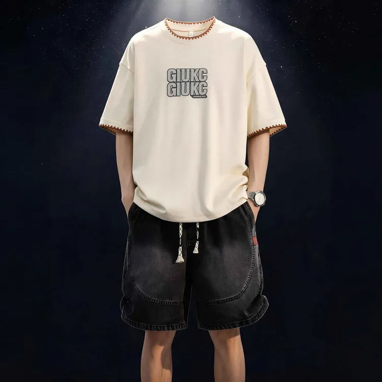 JEEPSPIRIT吉普夏季男士拼接宽松大码短袖莱塞尔天丝短裤休闲套装