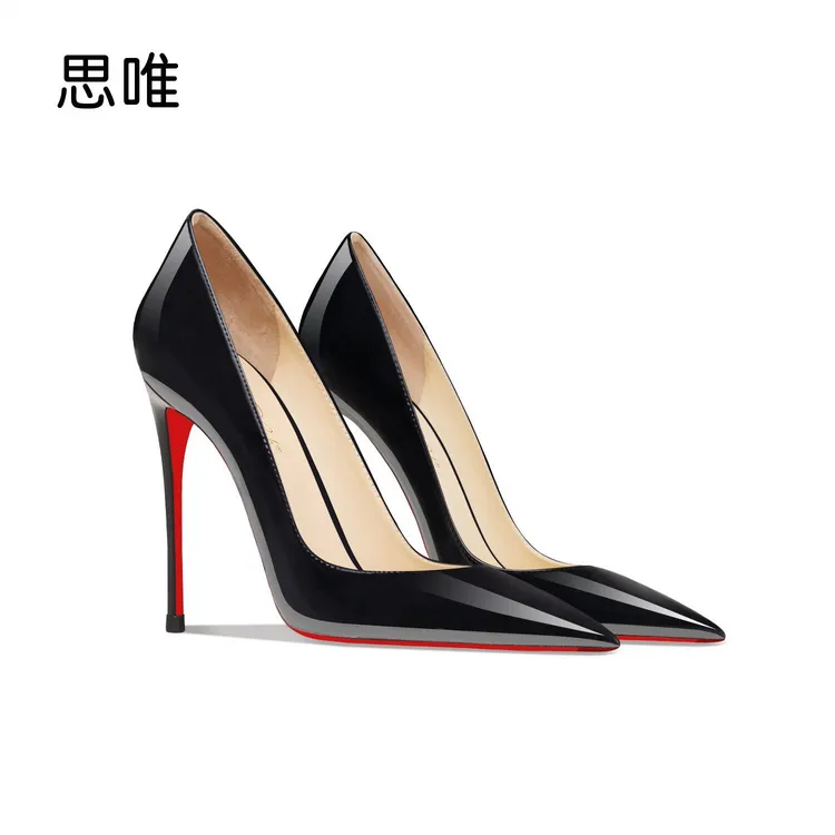 黑色漆皮红底高跟鞋女2025年新款尖头浅口细跟通勤职业百搭OL单鞋