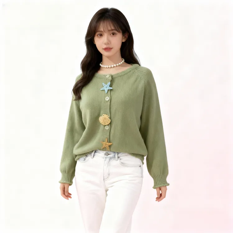 KANING奶绿色温柔风高级感针织开衫女2025秋冬新款百搭小个子毛衣