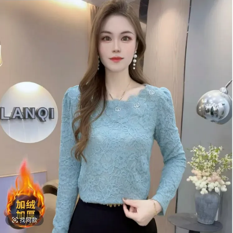 洋气磨毛蕾丝长袖打底冬季新款时尚修身保暖减龄上衣