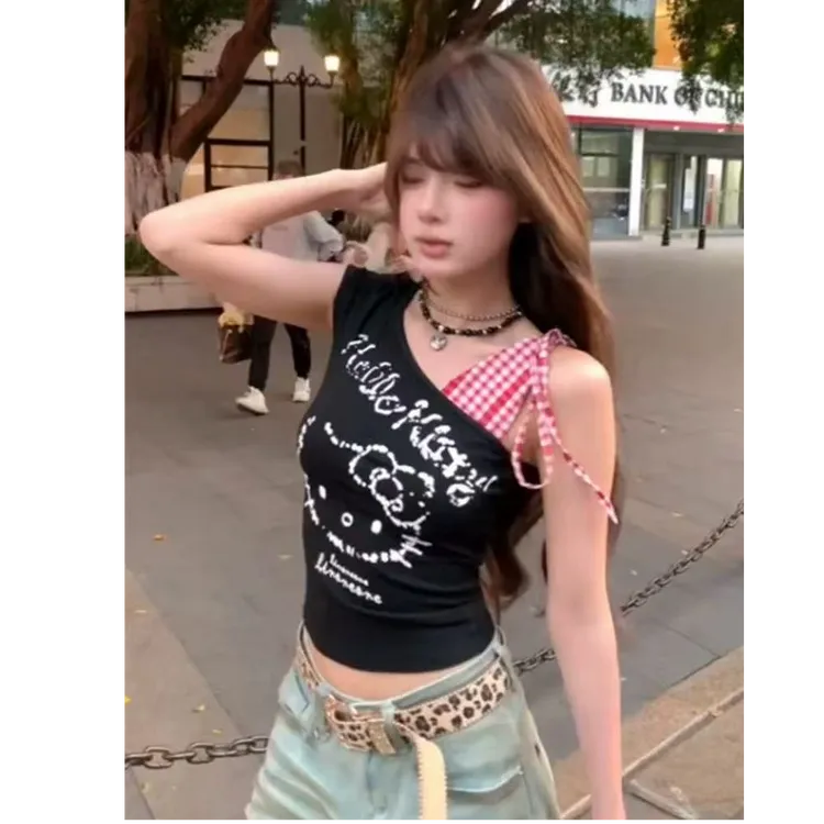 港风chic甜辣风斜肩kitty黑色短袖t恤女夏季设计感显瘦百搭上衣潮
