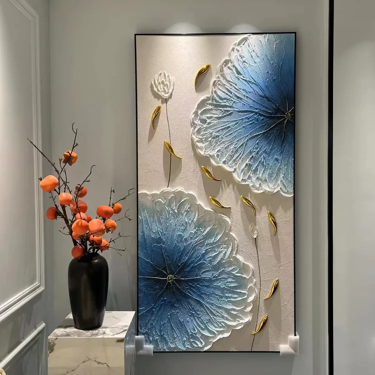 新中式荷花鱼砂岩纯手工手绘工艺油画装饰画复古玄关过道挂画壁挂