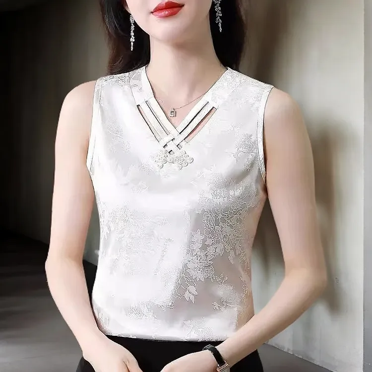 新中式国风吊带背心女外穿夏大码显瘦缎面提花打底衫v领内搭上衣