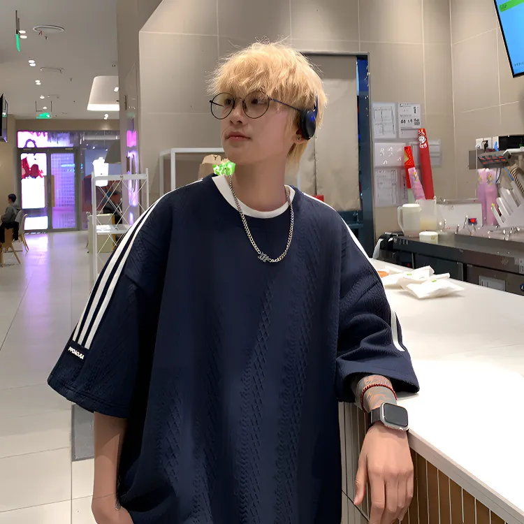 WSYYQIUYI三条杠提花肌理短袖t恤男夏季美式潮牌半袖大码五分中袖