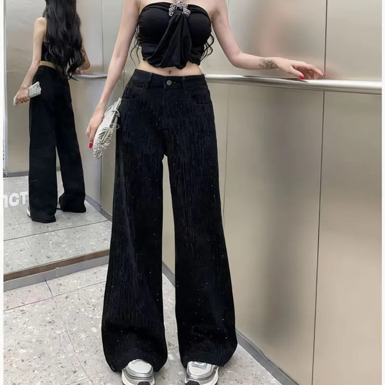 【浅浅专属】宽松重工烫钻加绒/单料牛仔满天星阔腿裤b2069/2034