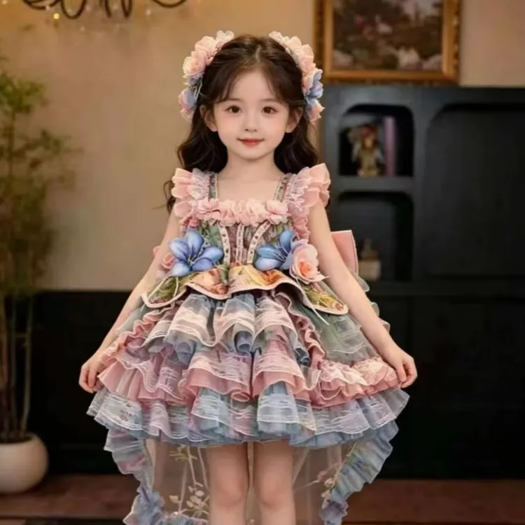 女童夏季油画洛丽塔公主裙2026新款女孩可爱高端重工蓬蓬裙连衣裙