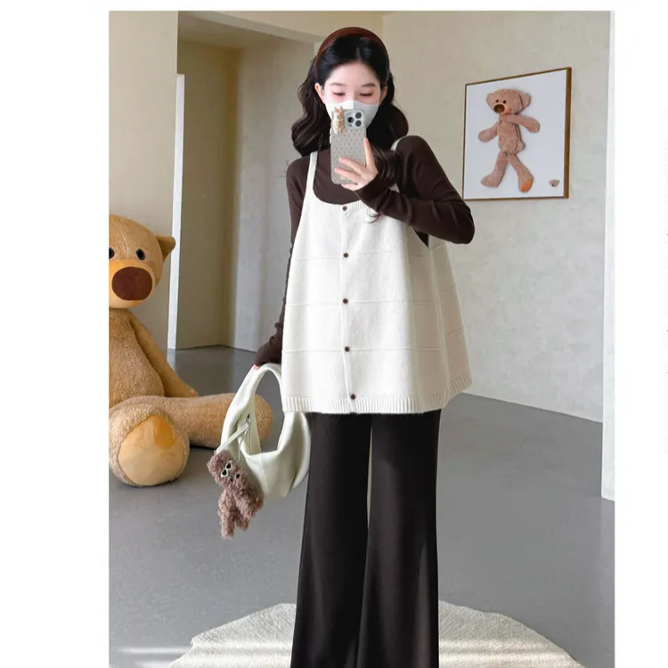 2025秋冬季新款时尚孕妇套装针织打底衫+背心+阔腿裤高质量三件套