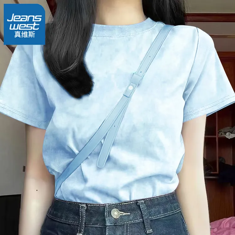 真维斯蓝色扎染短袖t恤女士2025夏季新款宽松休闲内搭设计感上衣