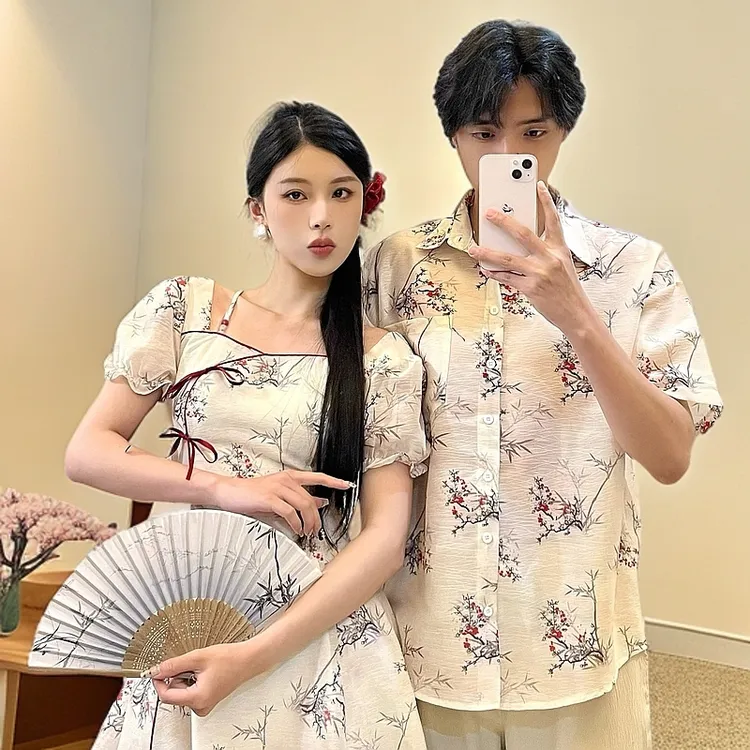 2025情侣装衬衫男新中式国风竹子碎花连衣裙夏季显瘦气质短裙小众