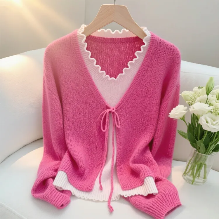 高端显瘦时尚轻奢女洋气气质长袖针织衫早秋季假两件毛衣上衣爆款