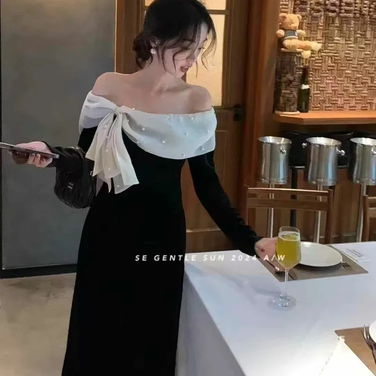 大码胖MM法式复古赫本风优雅钉钻丝绒一字肩连衣裙宴会加肥礼服女