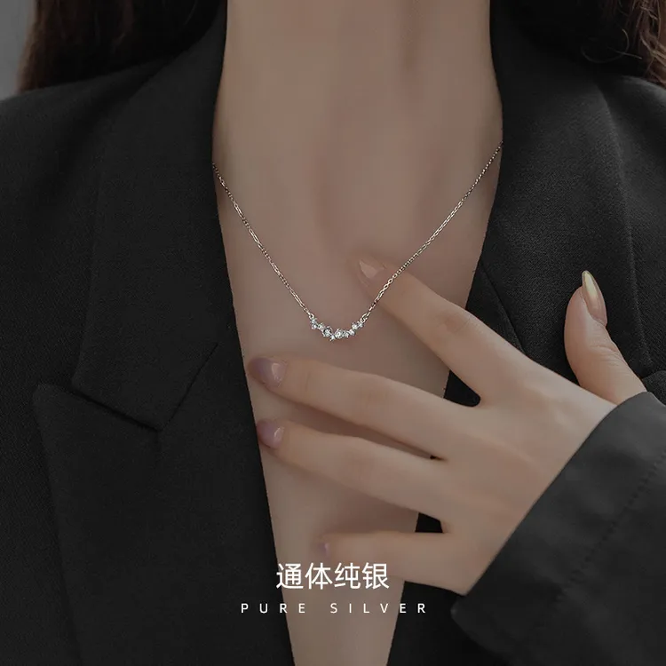 坠链均925银合成锆石 满天星百搭简约锆石微笑项链女高级感送女友