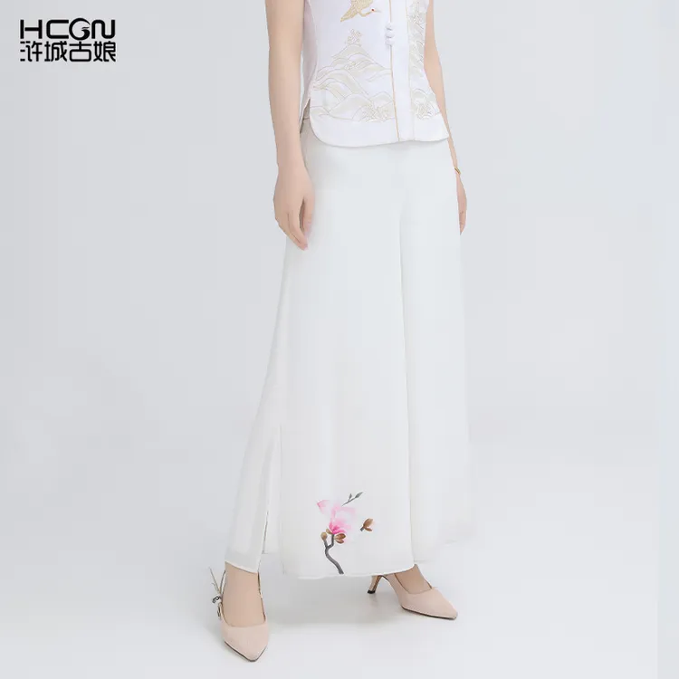 浒城古娘中式国风时尚休闲日常百搭气质绣花玉兰阔腿裤-8B181555