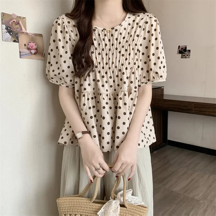 大码遮肚子法式泡泡袖波点短袖衬衫女夏季胖mm显瘦洋气娃娃衫上衣