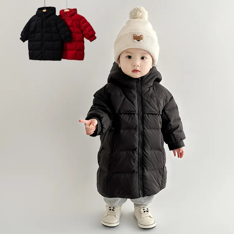 冬季儿童羽绒服男女宝宝保暖加厚外套白鸭绒连帽冬装中长款外出服