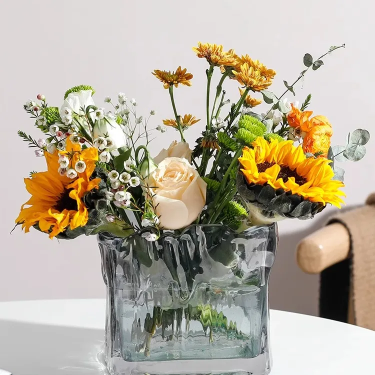 冰川纹方缸创意正方形水培绿植物铜钱草花盆白掌绿萝水养玻璃花瓶