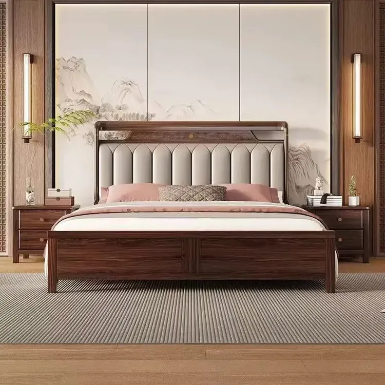 乌金木新中式家用1.8米全实木简约双人大床软包床主卧室储物婚床