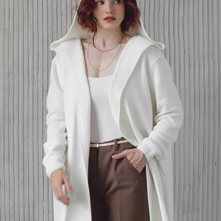 女士秋冬中长款过膝针织开衫时尚连帽休闲胖MM适用