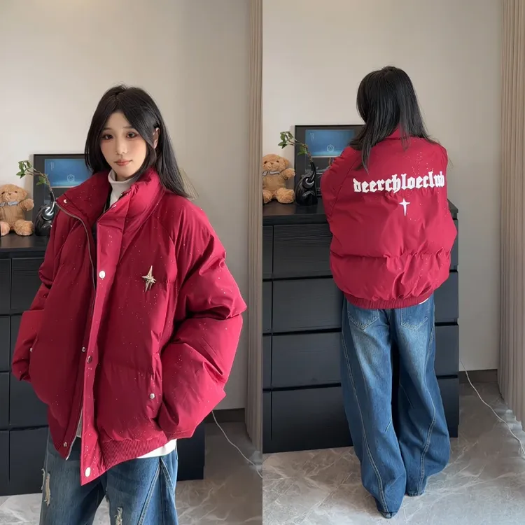 满天星红色棉衣外套男士冬季加厚面包服美式潮牌短款棉服立领棉袄