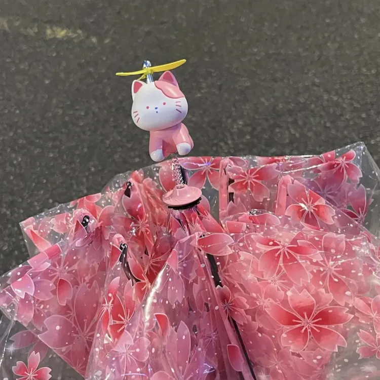 【皮卡】樱花小猫立体伞帽透明雨伞三折手动自动pvc雨伞ins饰品
