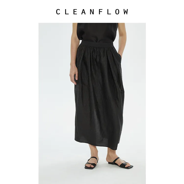 CLEANFLOW | 纯手工龟裂纹香云纱莨绸茧型褶裥超长松紧腰花苞半裙