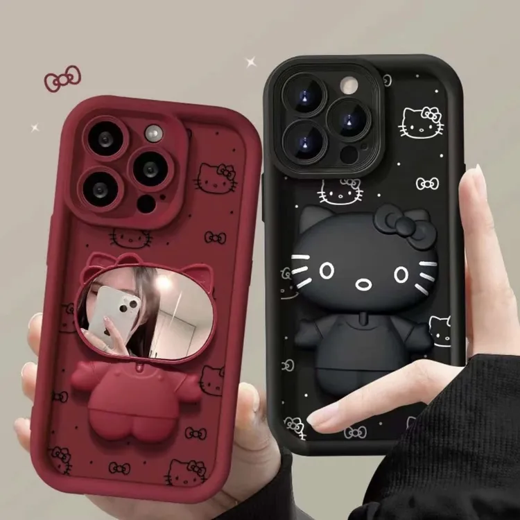 ins可爱凯蒂猫镜子支架iphone15/13苹果14手机壳华为vivo小米oppo