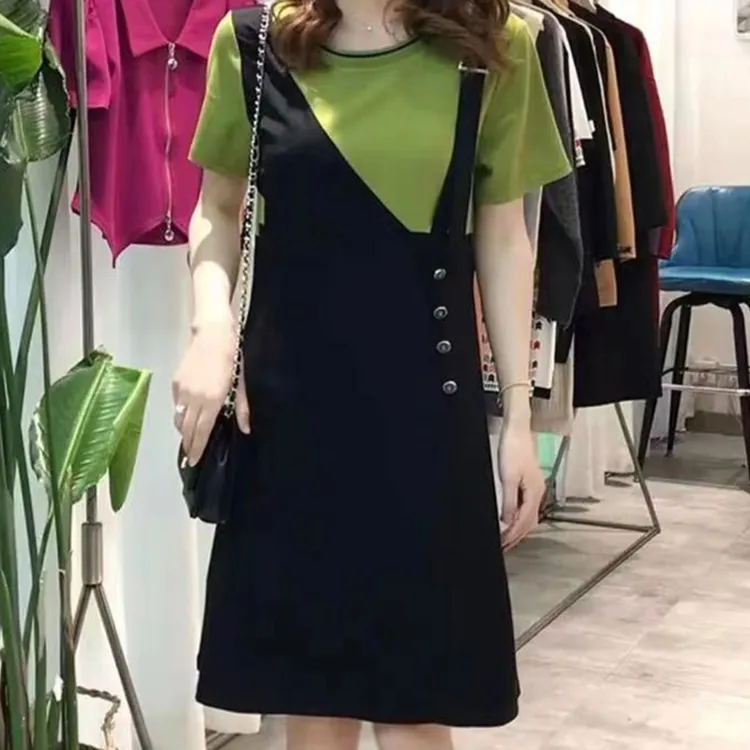 假两件短袖连衣裙女2025夏季新时尚拼接撞色洋气气质显瘦休闲裙子
