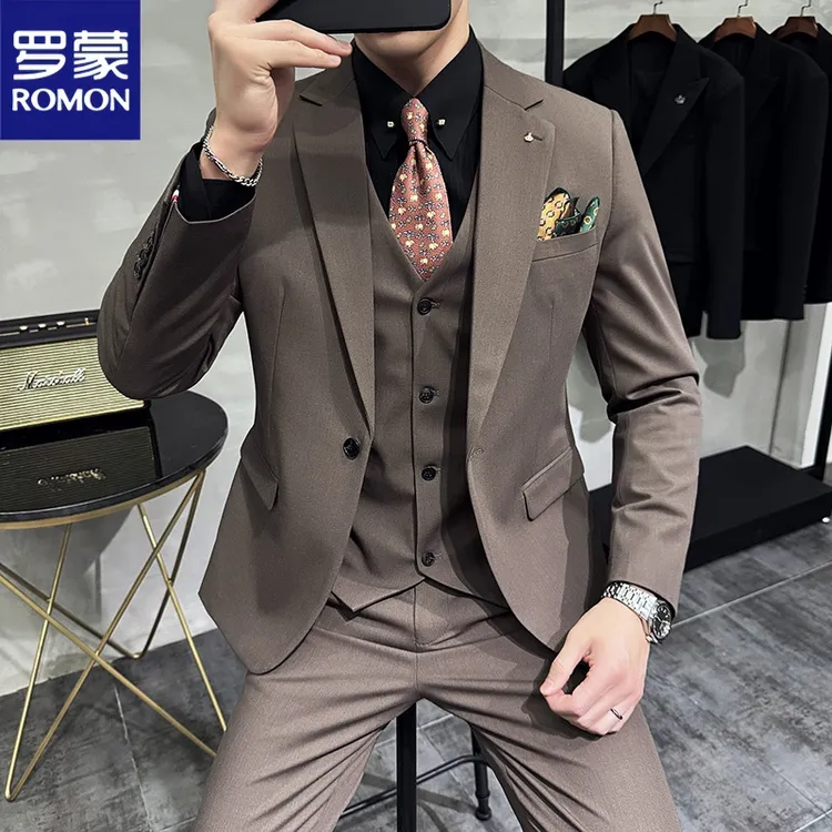 罗蒙高端商务男士西服套装高级感正装新郎结婚礼服休闲西装三件套