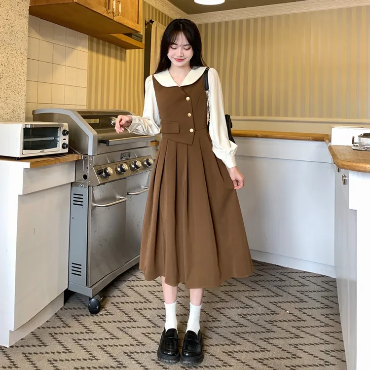  气质假两件长袖连衣裙 春秋2025新款女装新款法式小香风百褶裙子