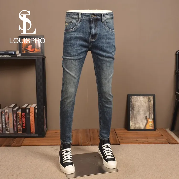 Louispro秋冬男士牛仔裤潮流弹力修身小脚高档水洗复古蓝休闲长裤
