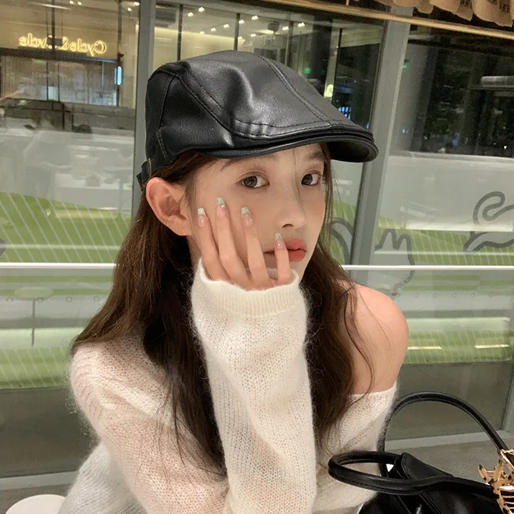 pu皮质贝雷帽女春秋韩版潮款大头围鸭舌前进帽秋冬季帽子2023新款