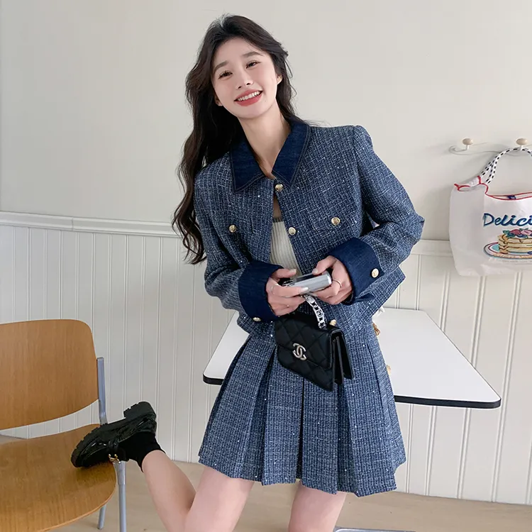 气质小香风上衣两件套装女2024年秋新款时尚套装小清新百搭百褶裙