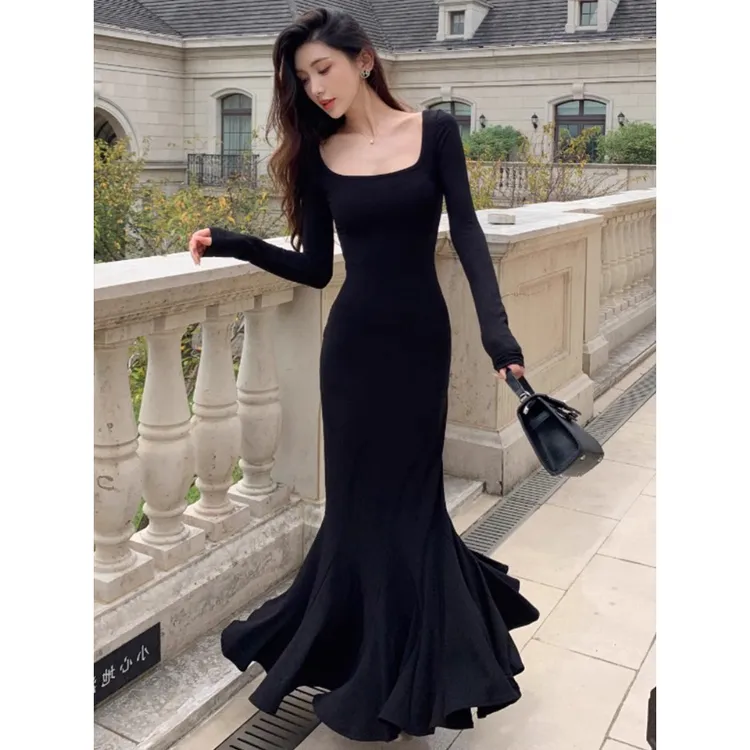 步步生莲鱼尾连衣裙女秋季长袖修身包臀内搭打底气质性感名媛长裙