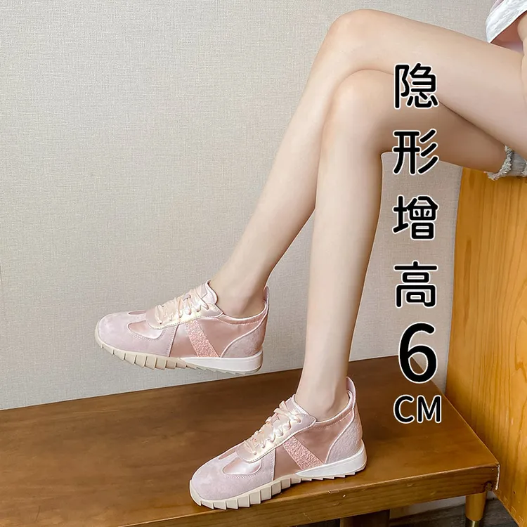 绸缎小个子内增高6cm德训鞋女粉色软底芭蕾鞋系带休闲运动小白鞋