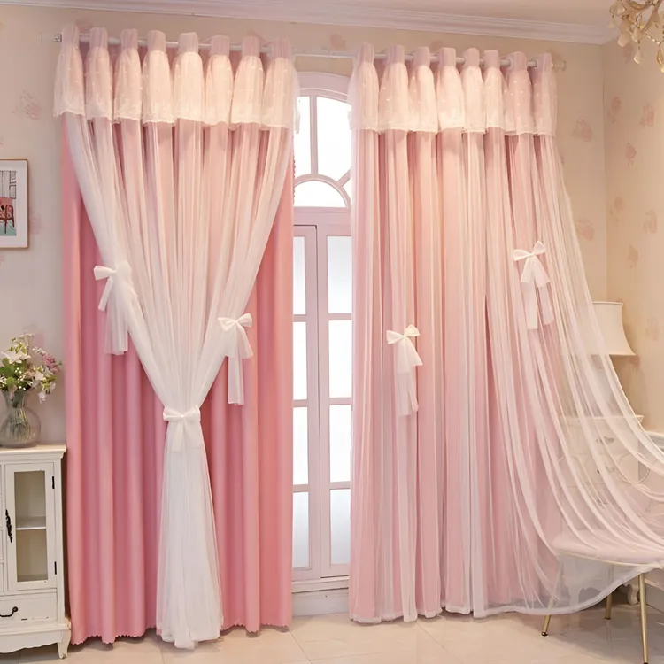 窗帘新款成品网红高遮光双层北欧隔热蕾丝美布纱一体卧室客厅阳台