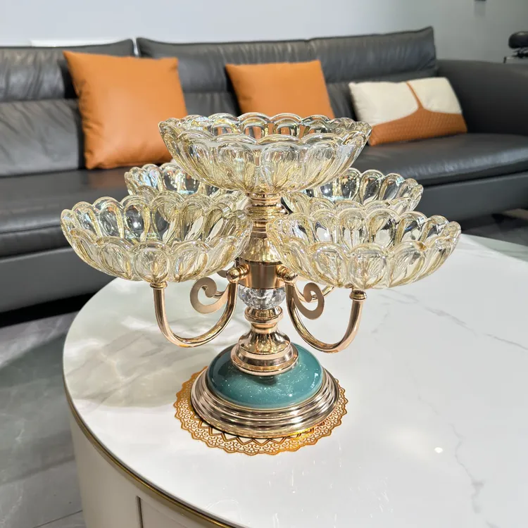 2024年新款创意360°旋转双层水果盘五连盘水晶玻璃干果坚果盘摆件
