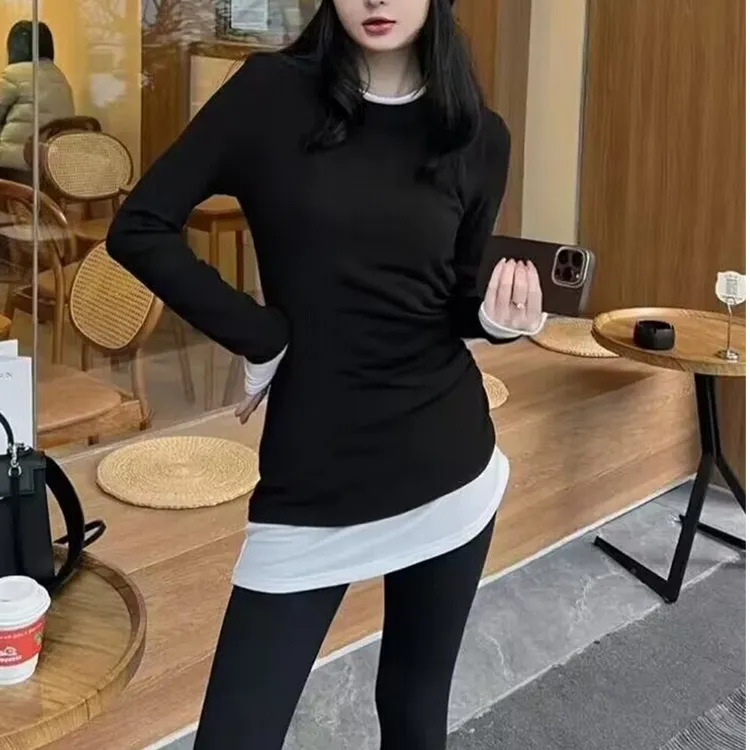长袖磨毛T恤女秋冬新款中长款褶皱收腰显瘦双层打底衫不规则上衣